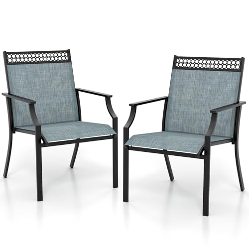 COSTWAY Garden Chairs Set of 2, Outdoor Metal Frame Texteline Dining Chairs with High Back and...