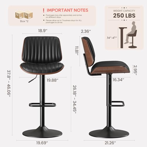 Image of MALOL Bar Stools Set of 3, Adjustable Counter Height Bar Chairs 26 inch-34.5 inch with Swivel & Footrest, Modern Faux Leather Barstools for Kitchen Island, Dining Room,Pub,Black