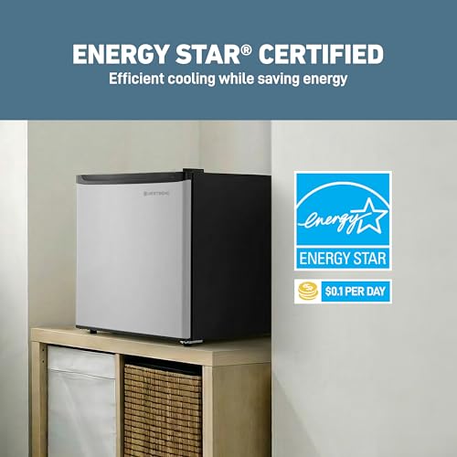 Image of West Bend Mini Fridge Compact Refrigerator for Home Office or Dorm, Auto Defrost with Reversible Door, Energy Star Rated, 1.6-Cu.Ft., Stainless Steel