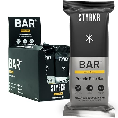 High Protein Energy Bars by Styrkr - 15g of Protein & 45g of Carbs - Pack of 12 Rice Bars - Lemon Drizzle Flavour - Approved by Endurance Athletes for Cycling & Running - BAR+ 12x Pack