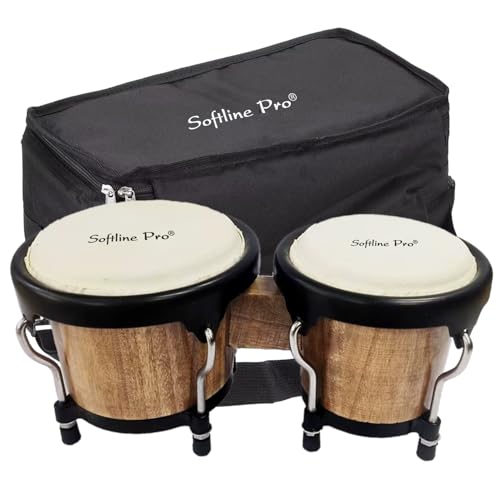 Image of Softline Pro SP-BNG Bongo Drum Set with Tuning Wrench Professional Wooden Percussion Instrument for Beginner Adults Kids (Natural Skin) (Tobacco)