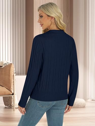 Womens Long Sleeve Sweaters Cable Tops Solid Lapel Polo V Neck Knit Casual Soft Pullover Shirt 2025 Spring Outfits Navy Blue4