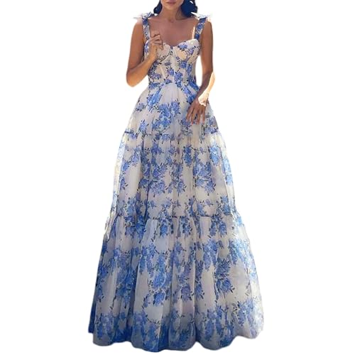 Image of Generisch Evening Dresses Women's Casual Summer Dress with Layered Hem Chiffon Elegant Holiday Boho Maxi Dress, blue, M