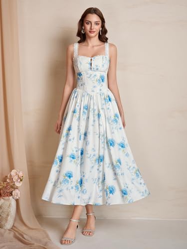 Image of KUTUMAI Women Summer Corset Midi Floral Wedding Guest Dresses with Pockets | Lace Neck, Smocked Back, Flowy A Line Sundress for 2026 Engagement Photoshoot Bridal Shower Garden Party