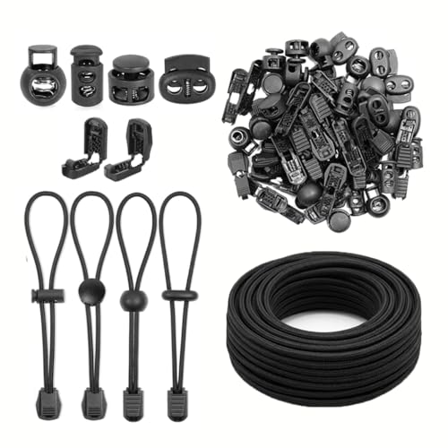 81Pcs Kit Cordon Élastique 3mm Noir 10m avec Stop Cordon Ressort et Embout, Fil Elastique Couture Résistant pour Réparation Bricolage, Remplacement Lacets, Sac à Dos, Tente Camping et Vêtements