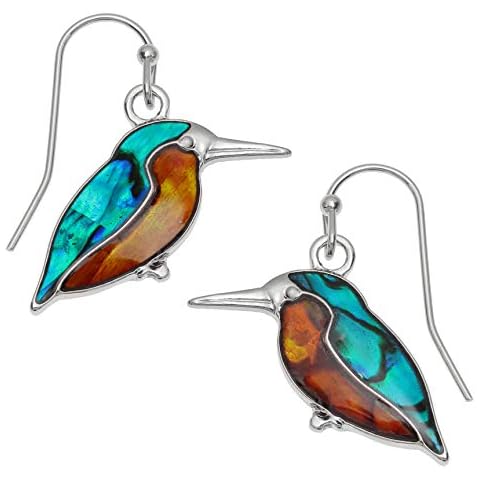 Kiara Jewellery Kingfisher Fishhook Earrings Inlaid With Natural Greenish Blue And Orange Paua Abalone Shell. Hypoallergenic Non Tarnish Silver Colour Rhodium plated Cover