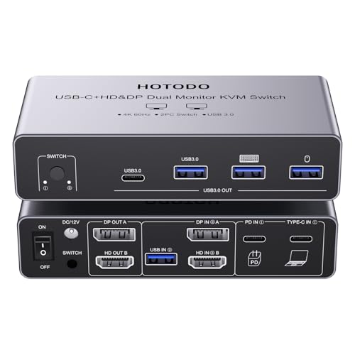 USB C KVM Switch 2 Monitors for 1 Laptop 1 Desktop, 4K@60Hz Dual Monitors HDMI DP KVM Switch for 4 USB 3.0 Ports,Docking Station KVM Switches, PD Charging,with Wired Remote Control and USB Cable