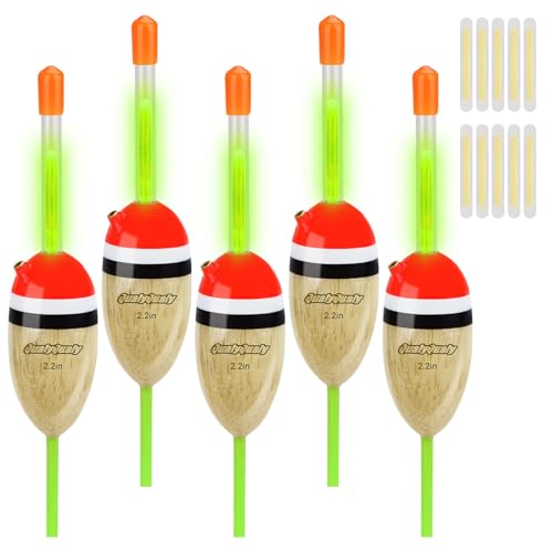 QualyQualy 5Pcs Lighted Fishing Bobbers EVA Foam Fishing Floats and Bobbers + 10Pcs Fishing Glow Sticks, Night Fishing Light Up Bobbers (Wood, 2.2'' - 5Pcs)