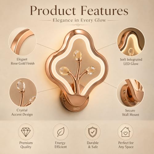 Image of Modern LED Wall Light | 3 Color Changing Rose Gold Decorative Wall Lamp for Living Room, Bedroom & Hallway | Crystal Accent Indoor Sconce with Warm, Neutral & Cool White Lighting