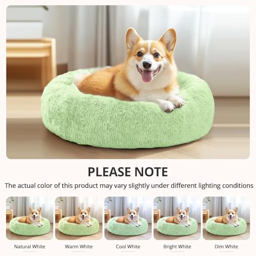 Image of JOLLYVOGUE Calming Dog Bed for Small Dogs - 23 inches Donut Washable Small Dog Bed for Kittens & Puppies, Anti-Slip Round Fluffy Plush Faux Fur Cat Beds (Fits up to 25 lbs Pets, Light Green)