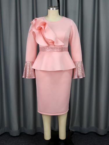 ONTINVA Women's Bell Long Sleeve Vintage Bodycon Peplum Business Formal Work Pencil Dress Sequined Work Dresses3