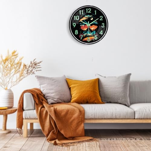 Image of RANDOM Glow in The Dark Wall Clock, Silent Non-Ticking, Mountain Landscape Design with Luminous Numbers, Black Frame, for Living Room Bedroom Office