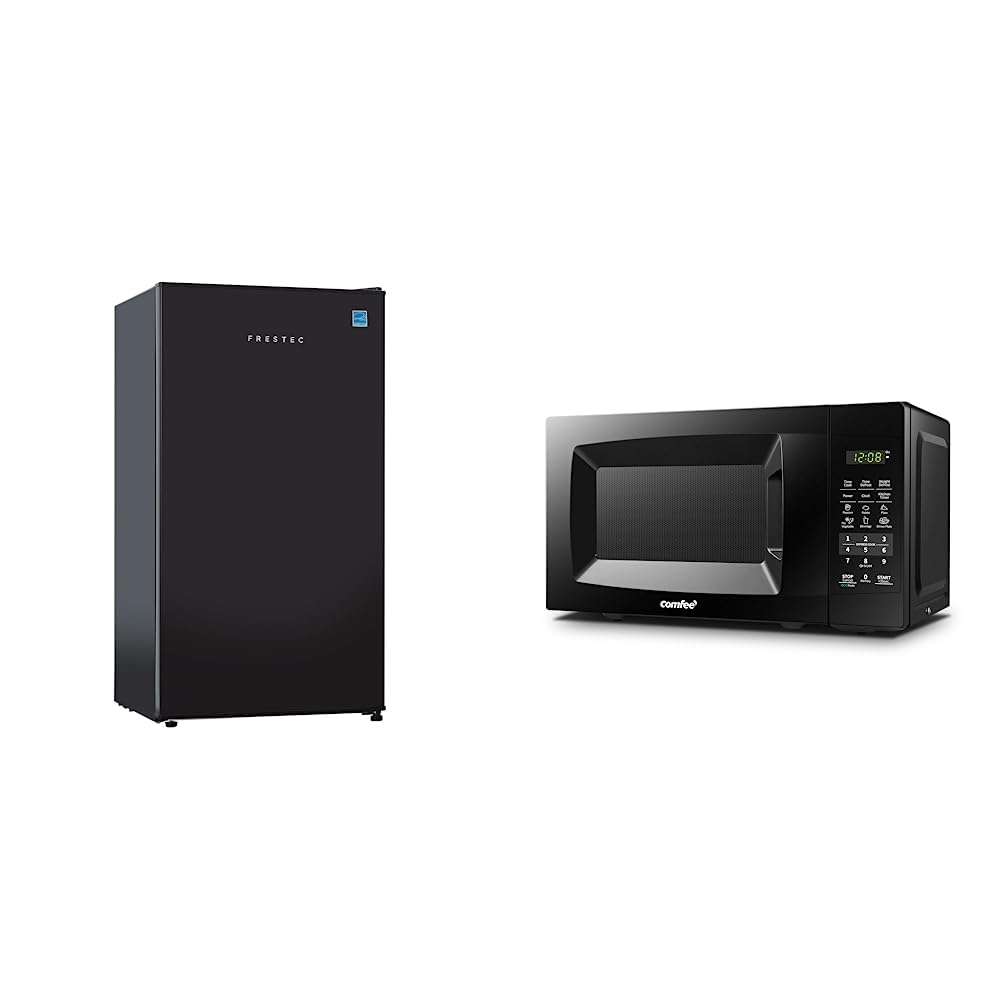 Frestec3.1 CU' Mini Refrigerator, Compact Refrigerator, Small Refrigerator with Freezer, Black (FR 310 BK) & COMFEE' EM720CPL-PMB Countertop Microwave Oven with Sound On/Off, ECO Mode and Easy