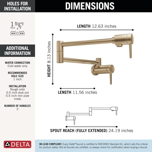 Image of Delta Brushed Gold Modern Pot Filler Kitchen Faucet, Wall Mount Kitchen Faucet, Champagne Bronze 1165LF-CZ