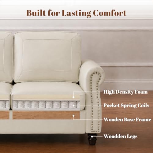 Image of Kingfun Faux Leather 3 Seater Sofa with Rolled Arms,Cream