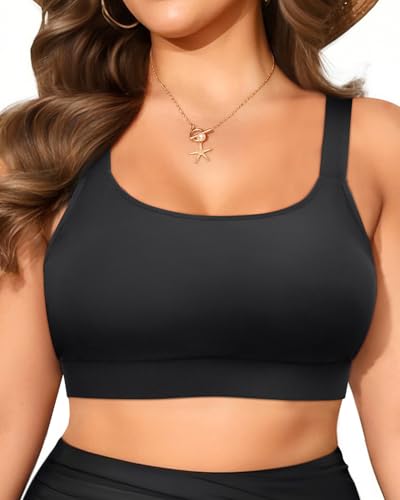 Daci Women Plus Size Sports Bra Bikini Top Only Push Up Scoop Neck Swim Top Full Coverage Bathing Suit for Large Bust Black 18 Plus