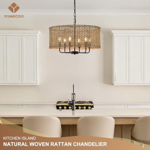 Image of 23.6 inch Large Rattan Chandelier, 6-Light Black Wicker Light Fixture