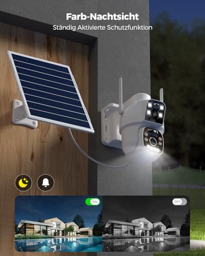 Ctronics 4G LTE Überwachungskamera Außen mit SIM Karte Doppellinse, 15600mAh Akku 8W Solarpanel Kabellos Solar Kamera Outdoor Farb-Nachtsicht Dual PIR Personenerkennung PC/Cloud/IP66-NO WiFi (Weiß)