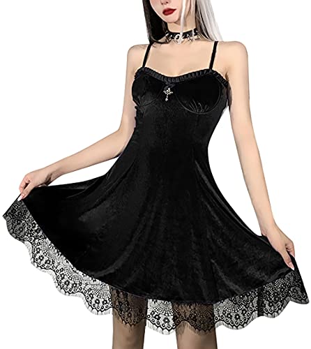 ETATNG Women s Gothic Sexy Black Velvet Lace Ruffle Cocktail Party Spaghetti Strap A-Line Dress S