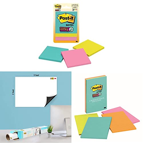 Image of 3M Post-it Super Sticky Notes, 3 Pads x 45 Sheets, 3 inch x 3 inch & 3M Post-it Dry Erase Writing Surface, 3ft x 2ft & 3M Post-it Super Sticky Lined Notes 4 Pads x 45 Sheets