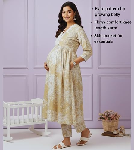 Image of DUMMY SHAPE Maternity Dresses for Women Cotton | Floral Kurta Pant Dupatta Set with Nursing Zippers, Side Pocket | Pre & Post Pregnancy | Feeding Kurti Suit | Baby Shower | Gifts for Pregnant Woman