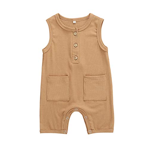JRPONY Baby Boys Girls Romper One Piece Solid Sleeveless Button Down Summer Clothes Outfits (Light Coffee, 6-12Months)