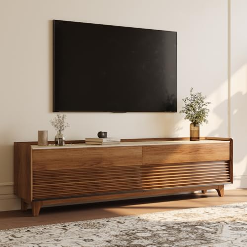 Image of POVISON Fully-Assembled Mid Century Matte Sintered Stone TV Stand with Legs, 78.74 inch Wood Media Console with Adjustable LED Light, Entertainment Center with Storage for Living Room