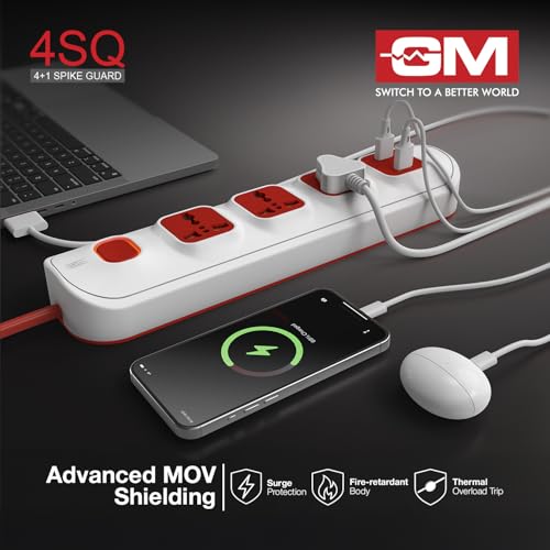 Image of GM 3251 4 Way Extension Board with 2 USB Port | Safety Shutter |for Power Requirements Up to 1440W |1.5 Mtr ISI Certified Copper Wire| LED Indicator | Rating -6A, 240V | Home & Office Use, 10 Volts