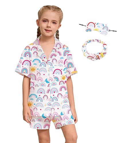 SEALINF Kids Girls Pajamas Long Short Sleeve Pjs 2 Piece Pj Set with Eye Mask Headband Button Down Sleepwear