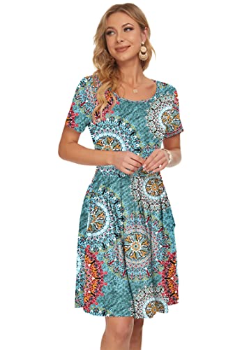 Auselily Women's Summer Short Sleeve Loose Swing Casual Print Floral Pleated Dress Pockets Knee Length (Xs, H Green) #TOP4