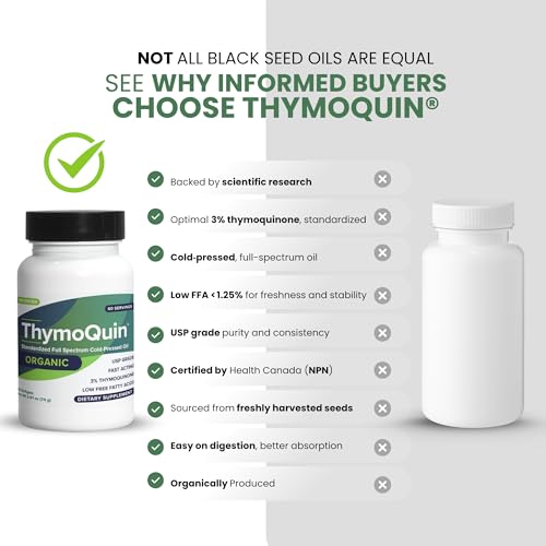 ThymoQuin Organic Cold-Pressed Black Seed Oil Capsules for Skin, Joint, Metabolic & Immune Health | USP-Grade Pure Nigella Sativa with 3% Thymoquinone | Non-GMO Black Cumin Seed Oil, 60 Softgel