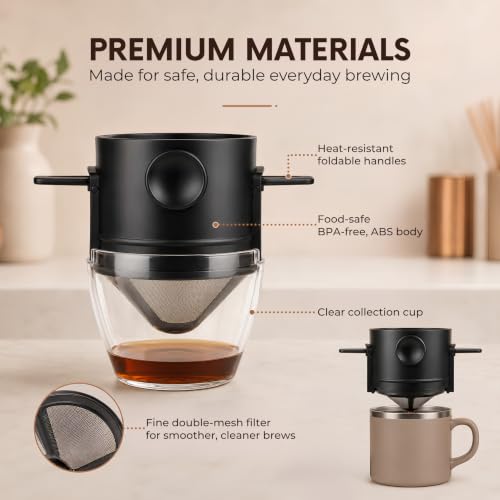 Image of Reusable Pour Over Coffee Filter with Dual-Layer 304 Stainless Steel Mesh, Foldable Handles, BPA-Free Coffee Dripper Filter for Single Cup Brewing, Portable Reusable Coffee Filter