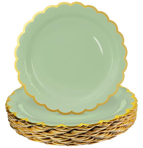 Image of HEIPINIUYE 50 Pieces Sage Green Paper Plates with Gold Foil 9 Inch Disposable Sage Scalloped Dinner Plates for Wedding Baby Shower Birthday Party Dessert Plate