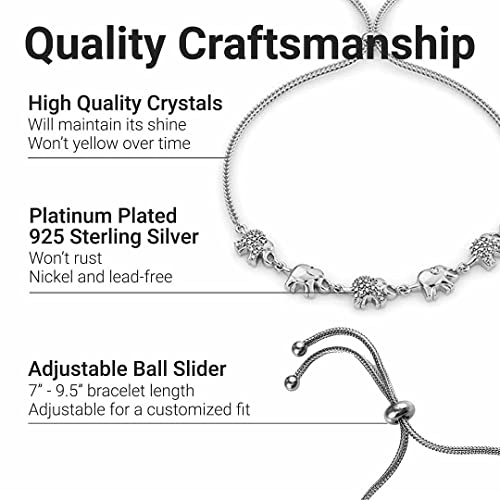 Charm Bracelet - Elephant Bolo Bracelets For Women - Platinum Plated 925 Sterling Silver & Stainless Steel Adjustable Bracelet With Cubic Zirconia Crystals - 9.5" Bracelet Length #TOP2