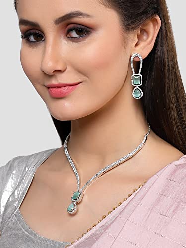 Image of Karatcart Elegant Silver Plated Blue American Diamond Necklace Set for Women