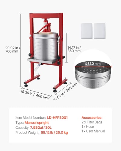 Image of VEVOR Hydraulic Fruit Wine Press, 7.93Gal /30L, Stainless Steel Heavy Duty Manual Juice Maker, Cider Apple Grape Vegetable Crusher, Cheese /Tincture /Herbal Press, with 2 Filter Bags, for Kitchen Home