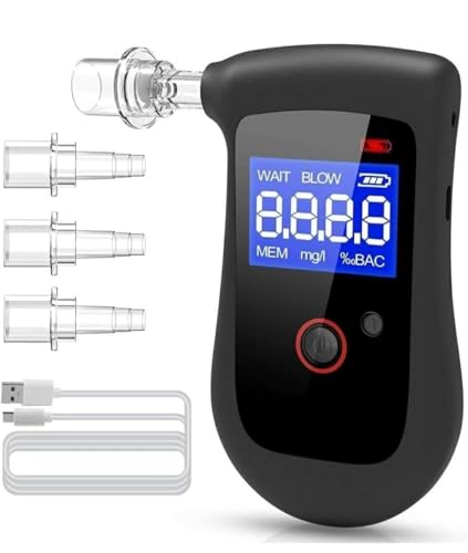 Image of Rechargeable Alcohol Breath Checker Detector - Portable Breathalyzer with LCD Display with Memory Function, 6 Replaceable Mouthpieces for Personal, Professional & Police Use