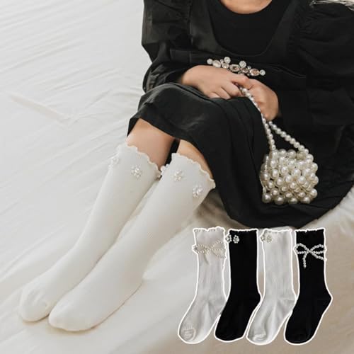 4 Pairs Girls' Princess Style Calf Knee High Socks with Pearl Bowknot Flowers, Cute Black White Stockings for 1-12 Years Old3