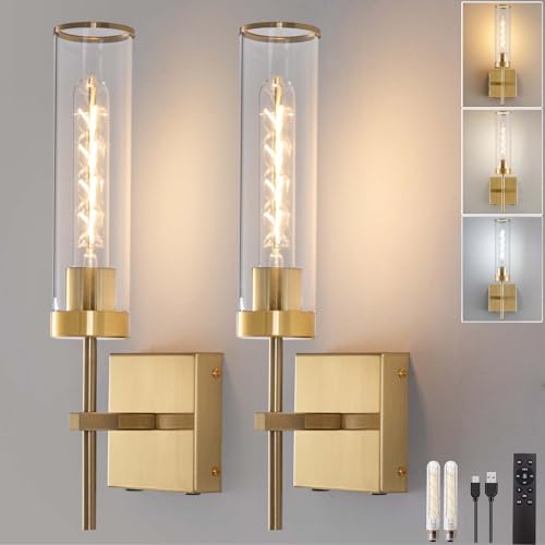 Image of Wall Sconces,Gold Battery Operated Wall Sconce Dimmable Touch 3000K /6000K 2 Color Bulbs 8000mAh Fast Chargin Endurance 100 Hours with Remote Control Wireless Wall Lights for Bedroom Living Room