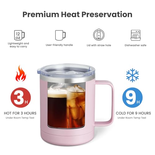 Image of MEWAY 12oz Coffee Mug With Handle and Sliding Lid,Stainless Steel Travel Tumbler Cup with Handle,Double Wall Vacuum Insulated Camping Cup for Hot & Cold Drinks Tea (Pink,Set of 1)