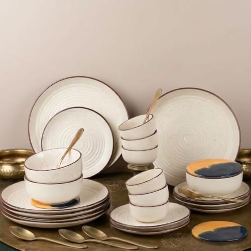 Image of The Earth Store Handcrafted Spiral White Ceramic Dinner Set, 30 Pieces Serving for 6, Microwave and Dishwasher Safe, Bone-Ash Free, Dinner Sets | Crockery Set for Gifting & Dining
