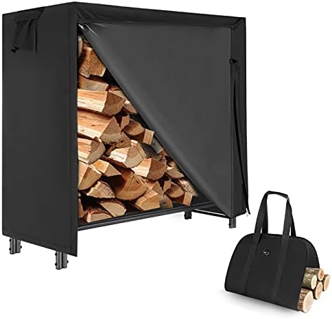 MAYOLIAH 4 Ft Firewood Rack Outdoor with Cover and Tote Bag Combo, Waterproof Wood Rack for Firewood Storage Heavy Duty Log Holders for Inside Fireplace, Black