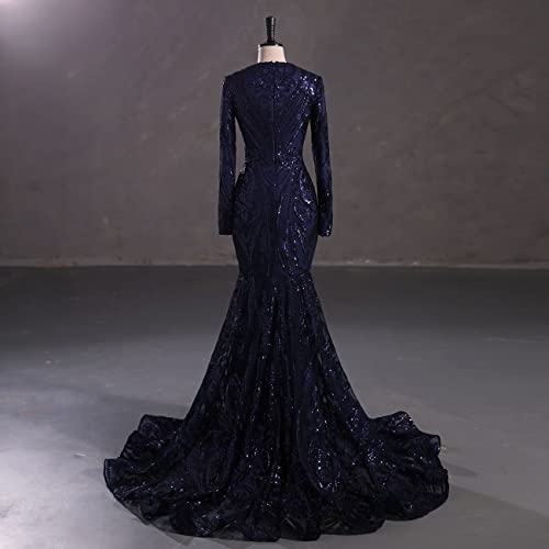 Mermaid Trumpet Evening Gown Long Sleeve V Neck Sequins Elegant Dress Engagement Court Train2