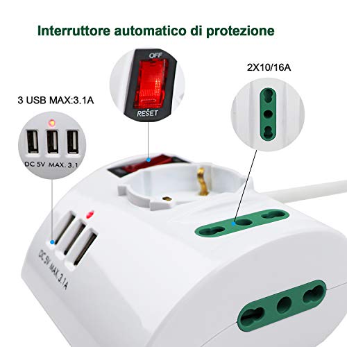 Extrastar Multipresa da Scrivania/Tavolo con 3 Presa USB,Presa con interruttore automatico di protezione 10A,Bianco,2500W,3 Prese (2 ITA/Schuko),1.5M