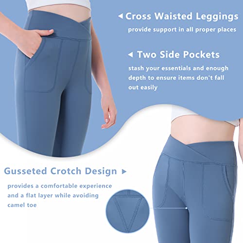 Girls Yoga Pants V Cross Waisted Kids Yoga Leggings with Pockets Buttery Soft Workout Running Athletic Leggings Stretchy4