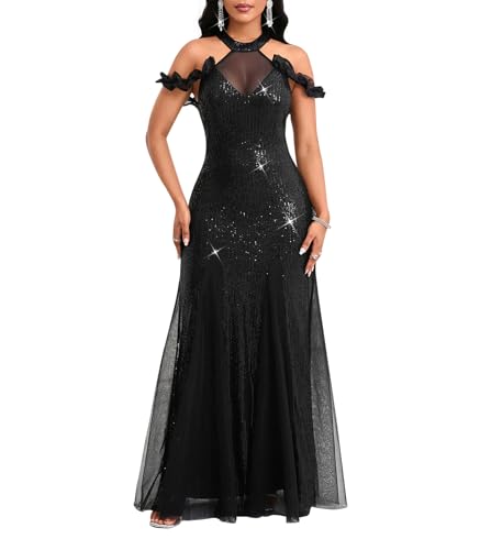 Image of Cololura Women Sexy Sequin Halter Neck Short Sleeve Mesh Perspective Party Bodycon Evening Cocktail Maxi Dress