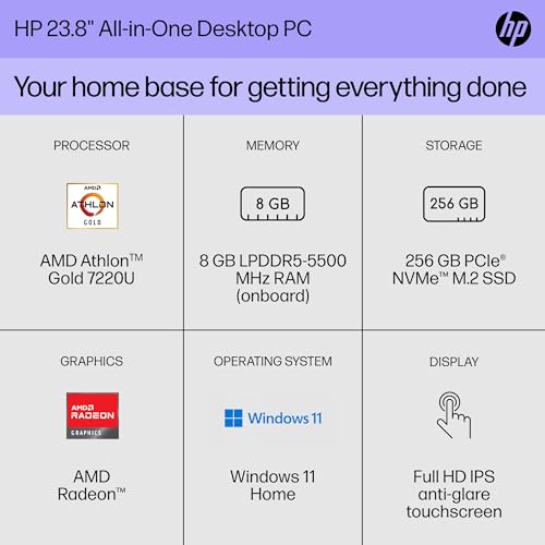 Image of HP 23.8 inch All-in-One Desktop PC, FHD Touchscreen Display, AMD Athlon Gold 7220U, 8 GB RAM, 256 GB SSD, Windows 11 Home, 24-cr0120 (2023)
