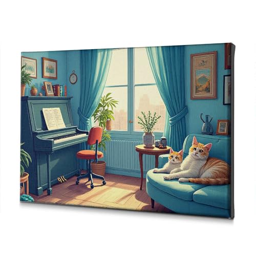 Décoration murale pour salon avec tableau de chats et plantes vertes