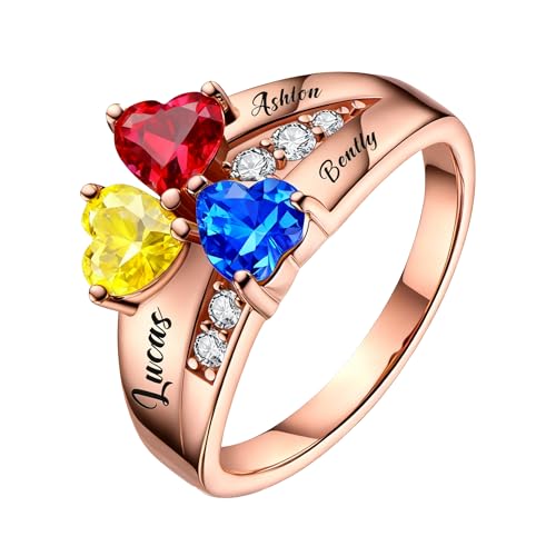 BAUMA Mothers Ring Personalized Sterling Silver Mothers Rings Family Ring with 3 Simulated Birthstones for Grandmother Mother Meaningful Anniversary Rings (Rose gold, 6)