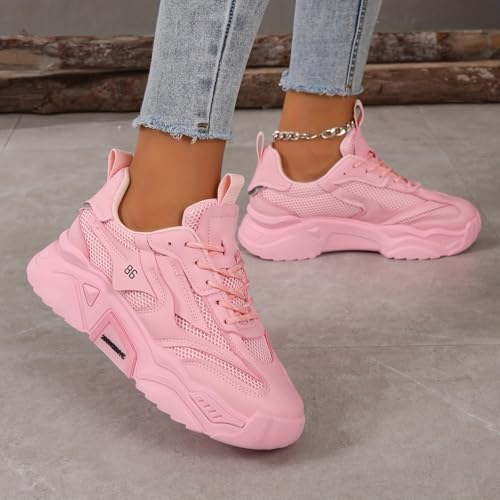 Women's Sneakers Low-top Women's Breathable Solid Color Mesh Sneakers, Lace Up Platform Casual Trainers 6